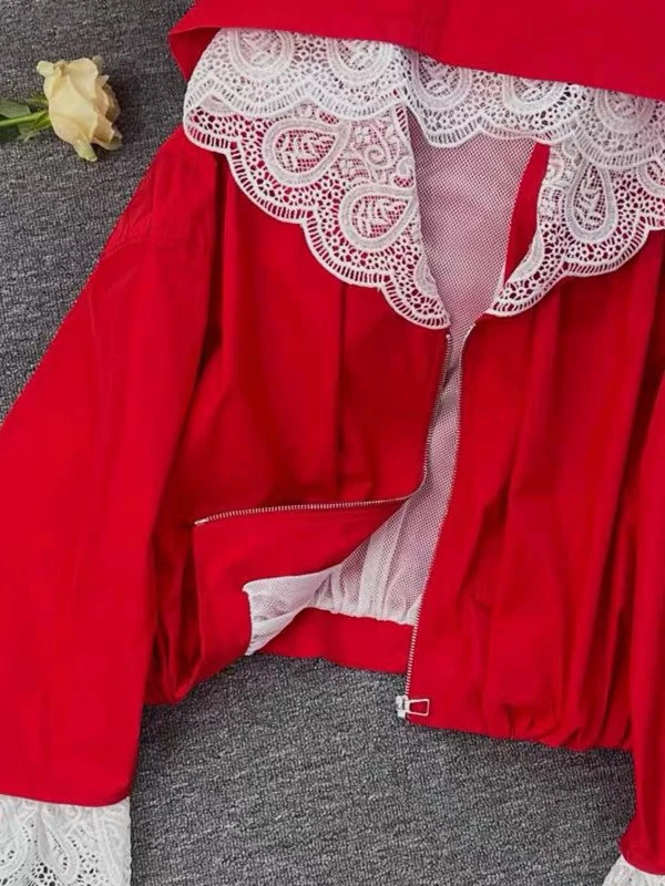 蕾丝拼接撞色连帽短款外套女欧洲站2025春季新款百搭薄款防晒衣潮