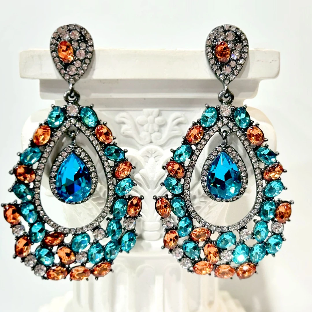 铜合金耳饰 4273西洋中古风 vintage复古蓝色秀款水滴耳环