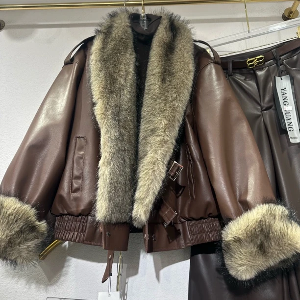 人造皮草 【100】人造皮草冬季新款加绒保暖大毛领磨砂皮衣厚外套女