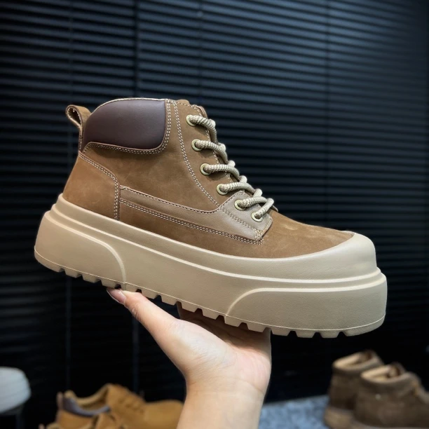 2025冬季时尚加绒男士男款系带简约休闲板鞋增高超轻高帮靴男鞋绒