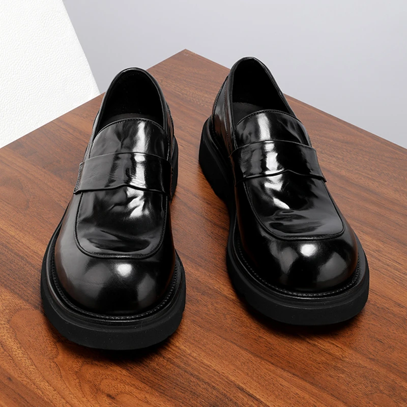 手抓纹胎牛皮大头皮鞋男款真皮乐福鞋透气休闲厚底一脚蹬男鞋秋季