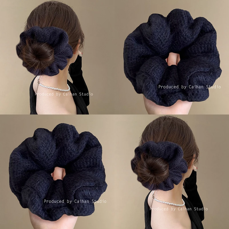 北海道暮色~复古藏蓝针织发圈韩系气质秋冬发绳女2025新款盘发器