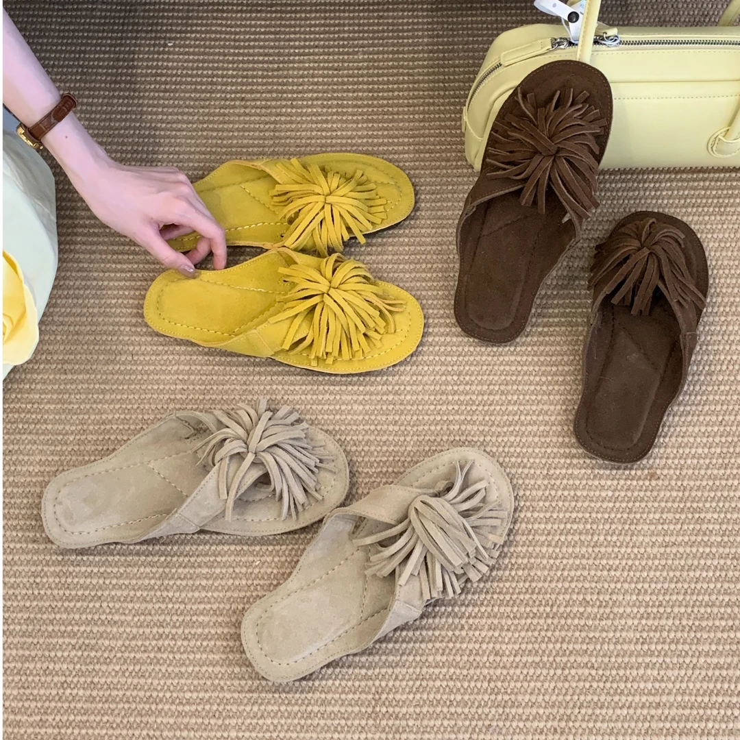 真皮流苏人字拖舒适软底夹脚拖磨砂皮女凉拖夏季平底防滑凉拖鞋