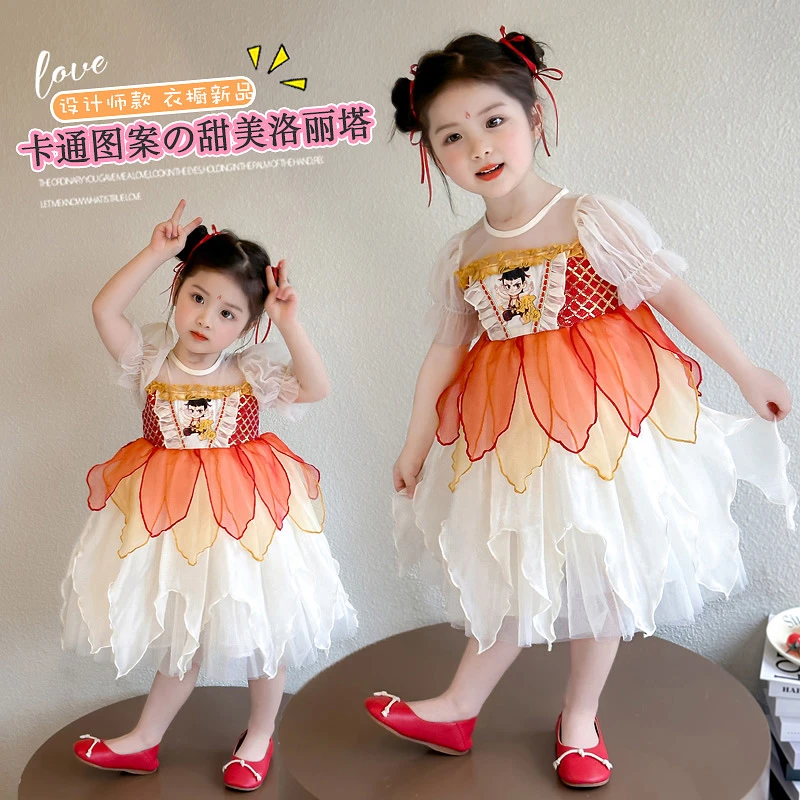 女童夏季连衣裙洋气2025新款儿童泡泡袖哪吒纱裙夏装宝宝表演衣服