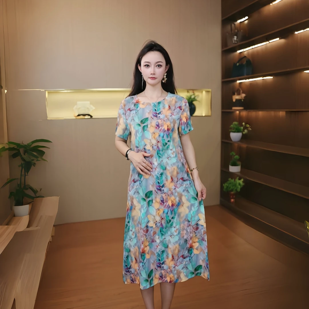 10319-夏季新品亲肤透气短袖休闲连衣裙女士时尚遮肉显瘦裙子【依】