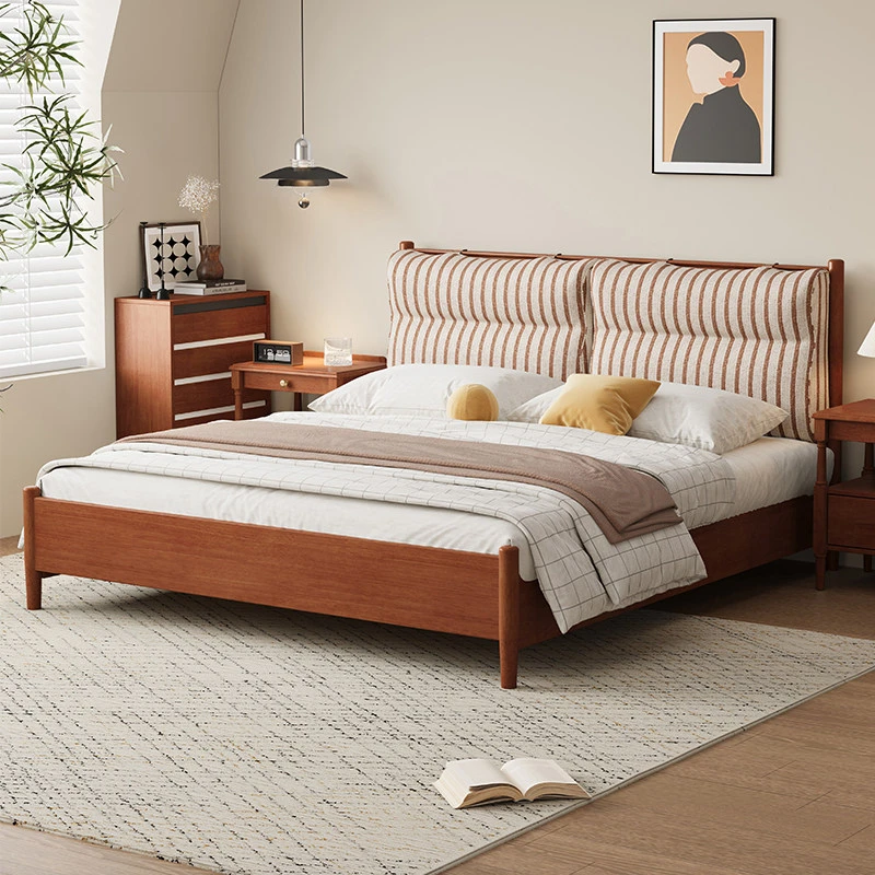 法式中古风床实木薄床头小户型主卧高脚复古双人布艺可拆洗软包床