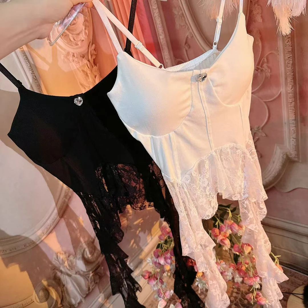 【崔】白色恋人 D0024法式纯欲蕾丝拼接吊带背心带胸垫性感辣妹上衣