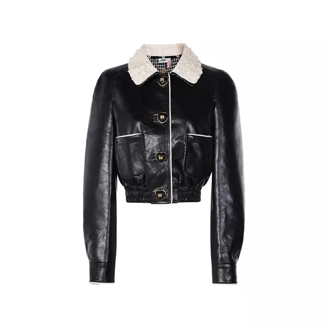 LeFame/拉飞姆【赵美艳同款】秋钉珠廓形PU皮短外套女LF25Q51FC333