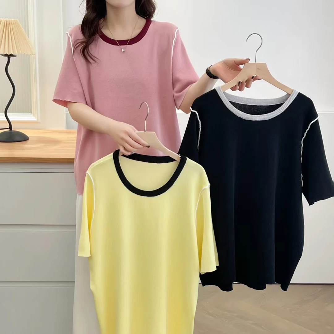 JUNJIE大码女装时髦撞色圆领显瘦正肩针织衫胖mm2025春夏新款