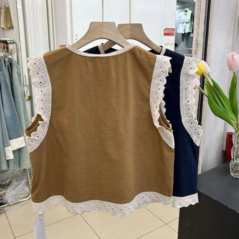韩系蕾丝花边无袖衬衫背心女夏天设计感短款独特别致小衫上衣