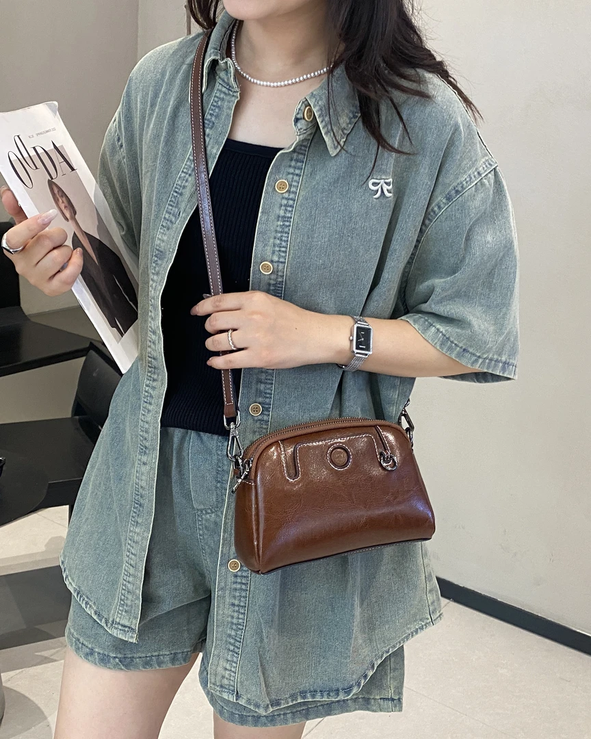 纯牛皮复古斜跨单肩真皮包耐刮多口袋款做旧斜挎包百搭小包包肩包