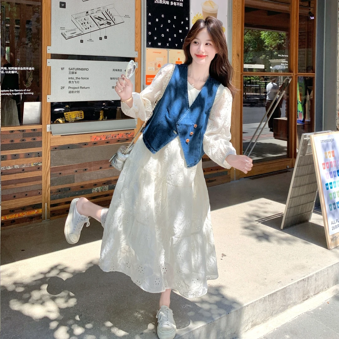 甜酷氛围感休闲减龄套装裙女早秋新款设计感马甲蕾丝连衣裙两件套