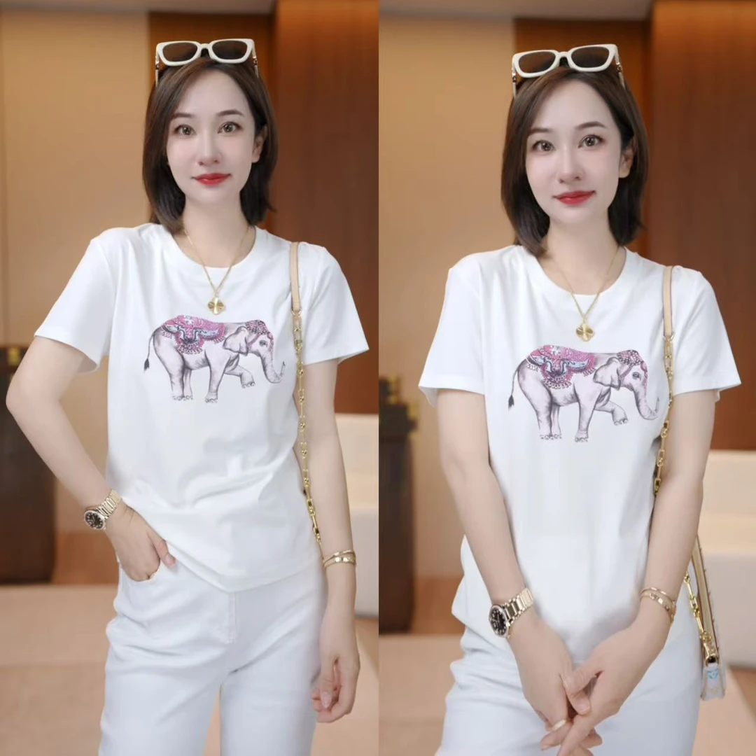 JDND轩羽【吉祥大象】原创定制烫钻大象时尚休闲T恤上衣XY25178