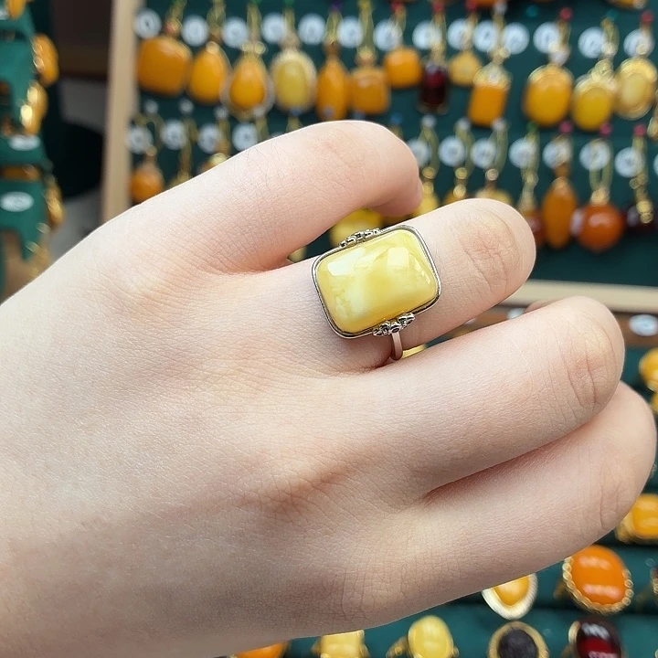 琥珀银S925镶嵌戒指蜜蜡戒指