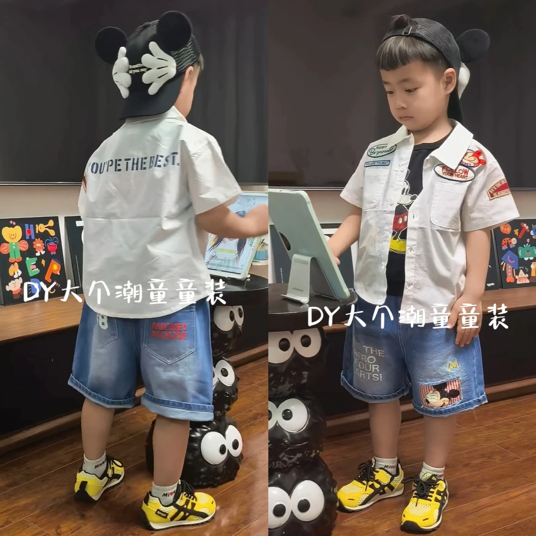 【清仓福利】夏款米奇白衬衫破洞牛仔裤儿童套装