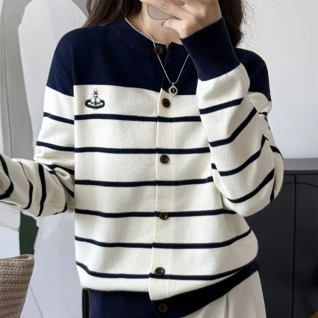法式拼色条纹针织圆领毛针织衫百搭秋季宽松开衫