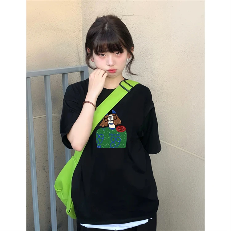 佐朗格奴纯棉220克小众设计感圆领上衣复古宽松中长款短袖T恤衫女