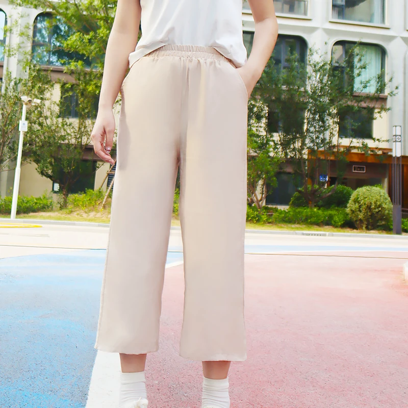 棉七分裤女韩版宽松女士夏天透气休闲阔腿裤松紧高腰百搭学生裤子