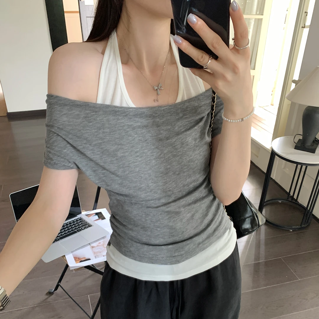 韩系纯欲风辣妹撞色拼接露肩挂脖短袖t恤女夏季气质百搭修身上衣