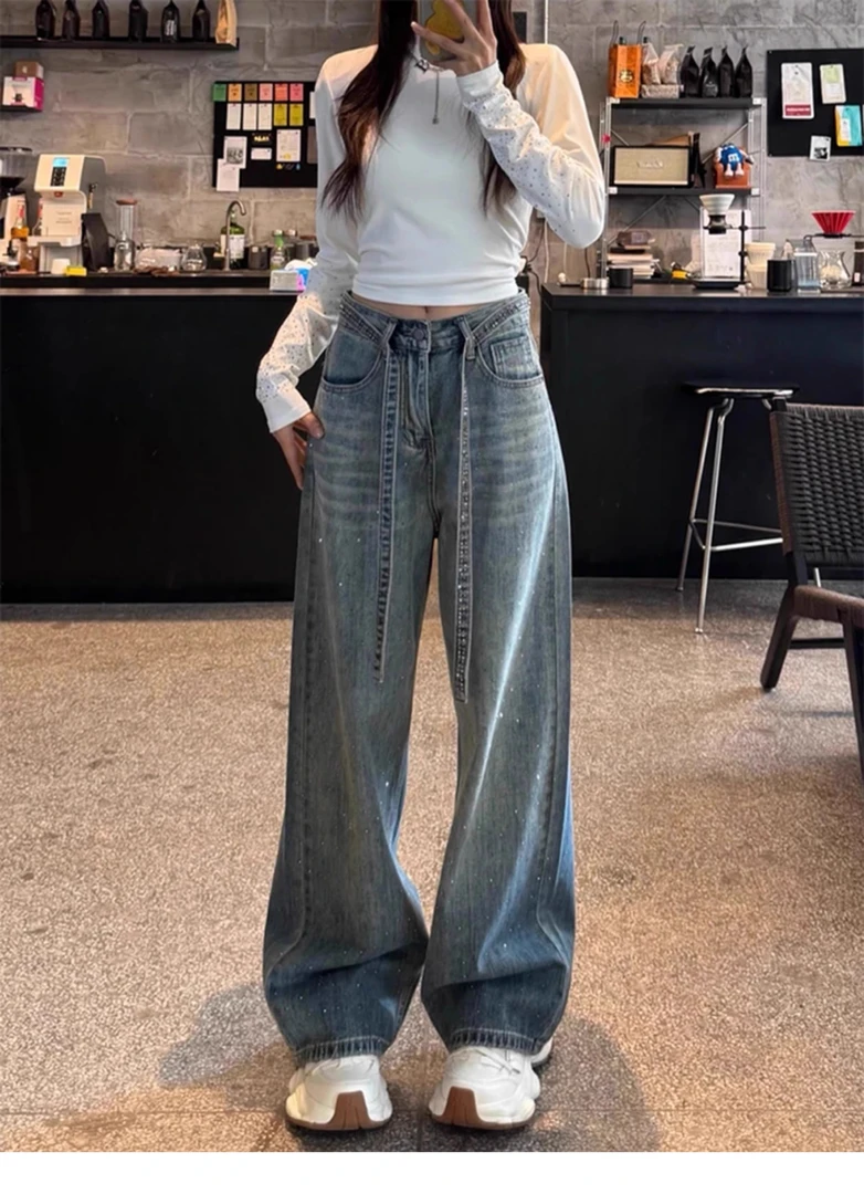 设计感满天星烫钻牛仔裤女2025春季新款小众猫须宽松显瘦阔腿长裤
