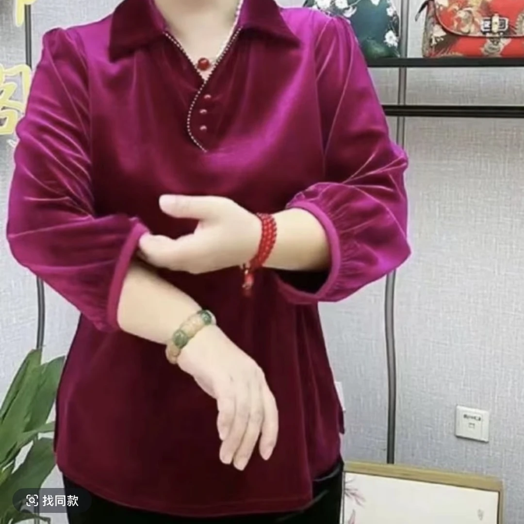 高档翻领丝绒三粒扣长袖妈妈装上衣时尚百搭气质洋气