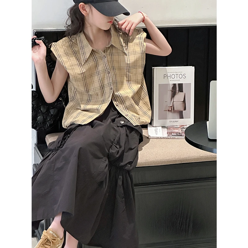 K28682飞袖女童格子衬衫2025新款夏装儿童背心女大童休闲上衣时髦