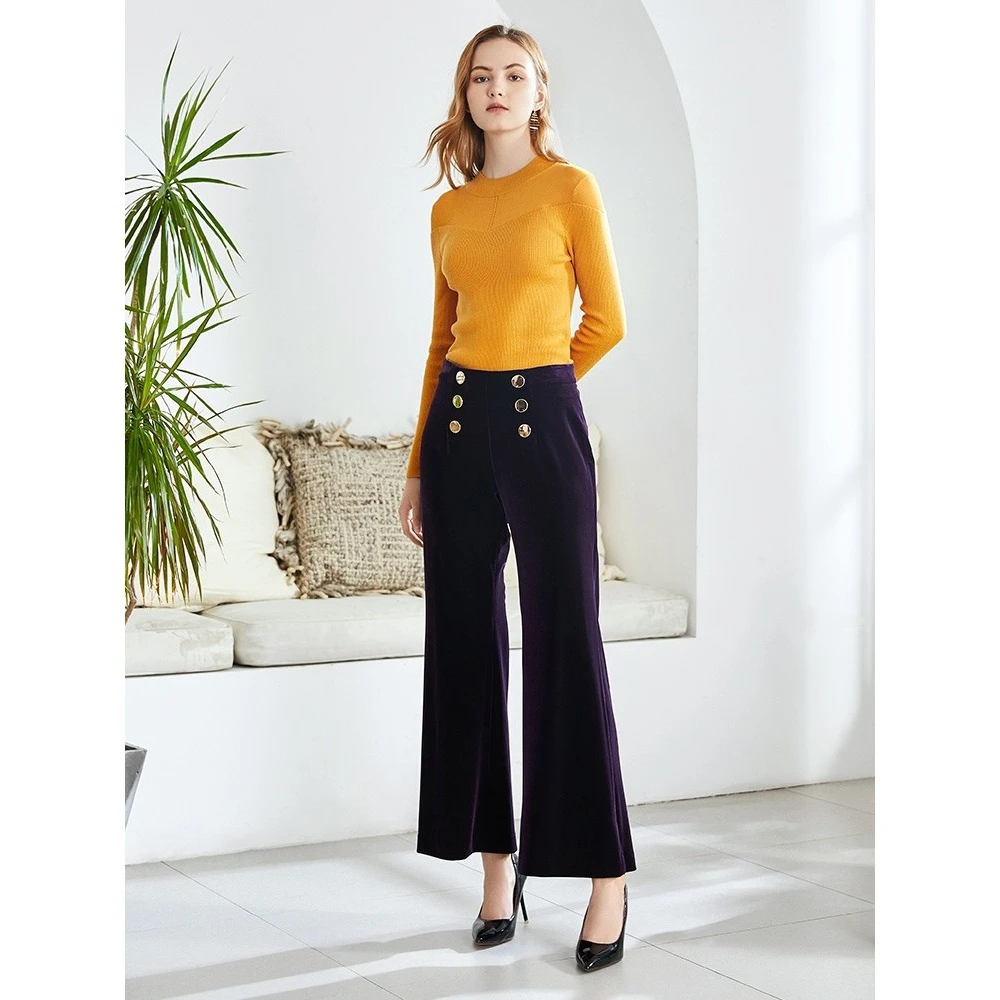 EITIE秋冬商场同款时尚复古休闲裤高腰显瘦灯芯绒微喇长6005715