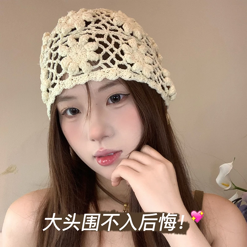 针织镂空帽子花朵包头帽女款2025新款夏钩花编织大头围白色堆堆帽