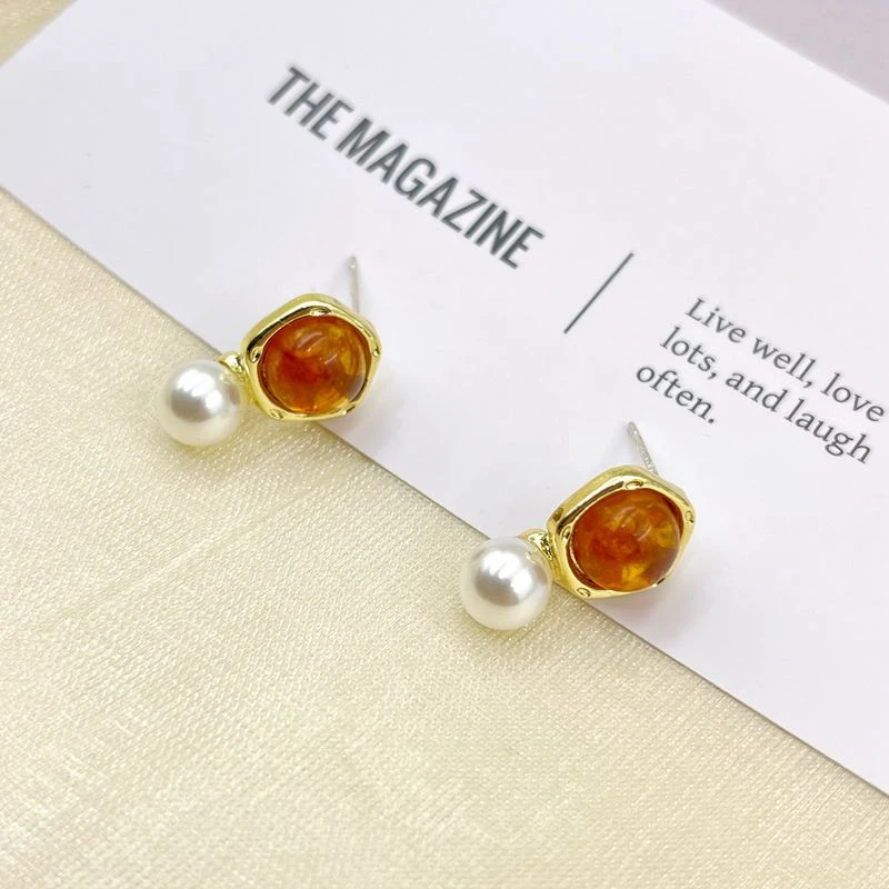 合金琉璃耳饰 美拉德风色系珍珠耳钉复古气质轻奢时尚高级感