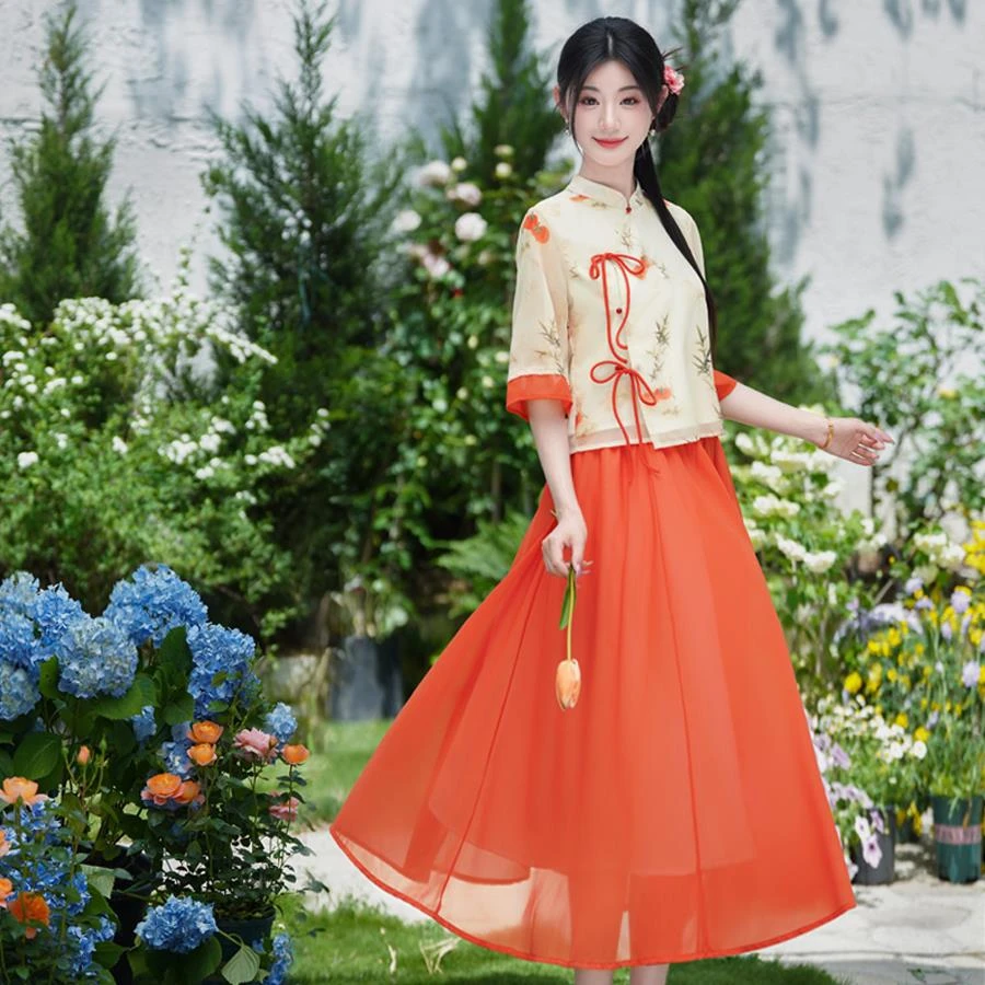 夏装改良中国风汉服女国风套装七分袖衬衫新中式半身裙两件套夏季