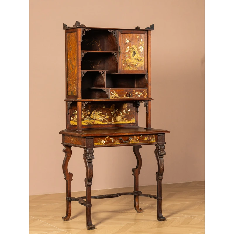 民国楠木镶花梨木嵌螺钿描金花鸟纹海派壁橱古董收藏
