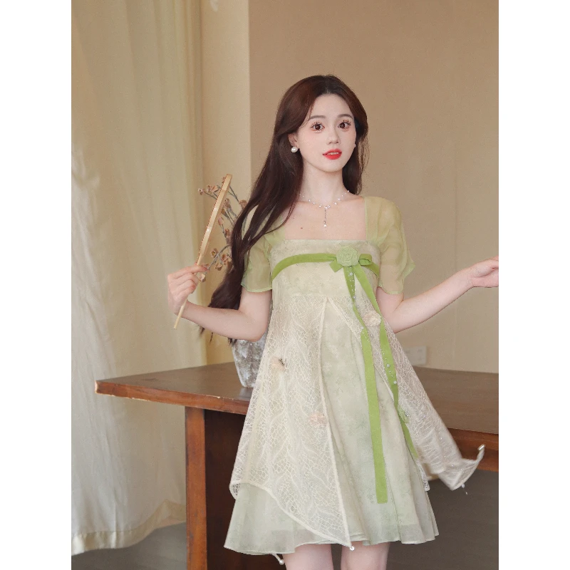 瑶西【青樱】蝴蝶结蕾丝新中式出游短裙仙女裙飘片连衣裙