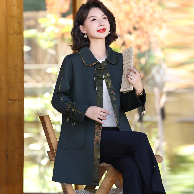 罗蒙洋气妈妈秋装外套新款贵夫人品牌上衣中老年春秋中长款风衣女