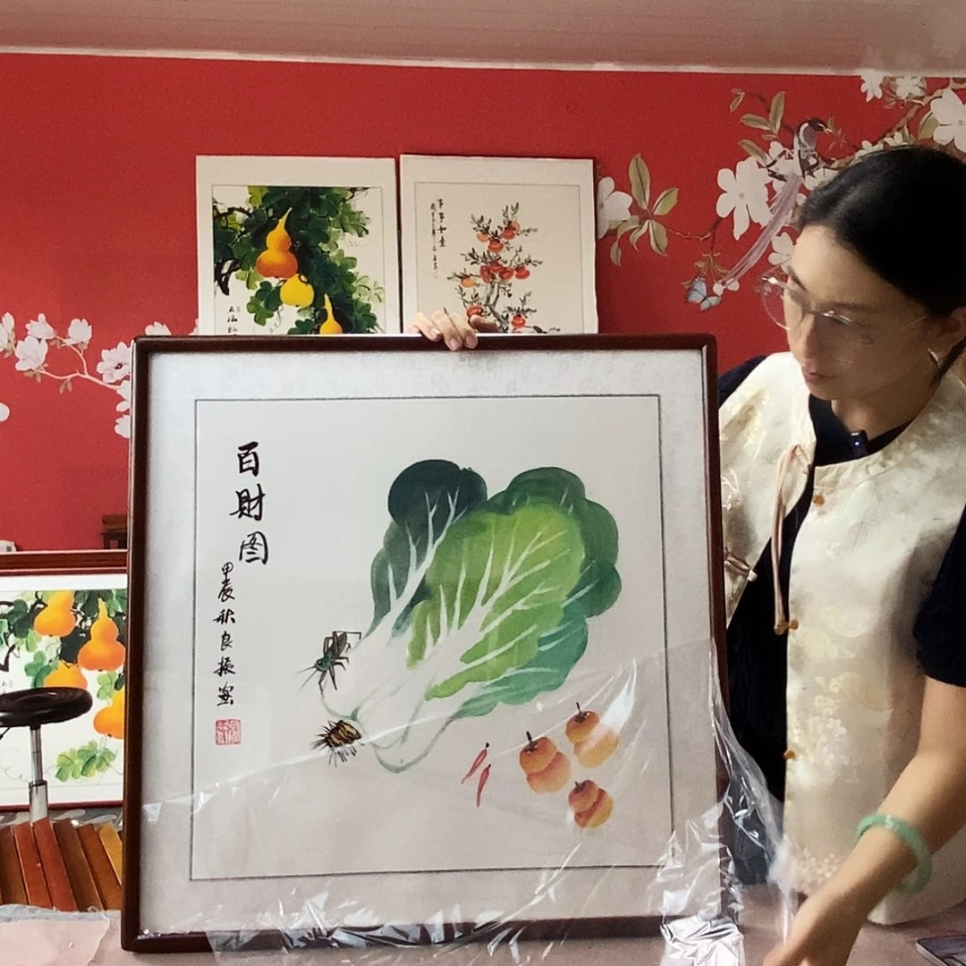 国画手写手绘国画作品带框包邮62✖️62