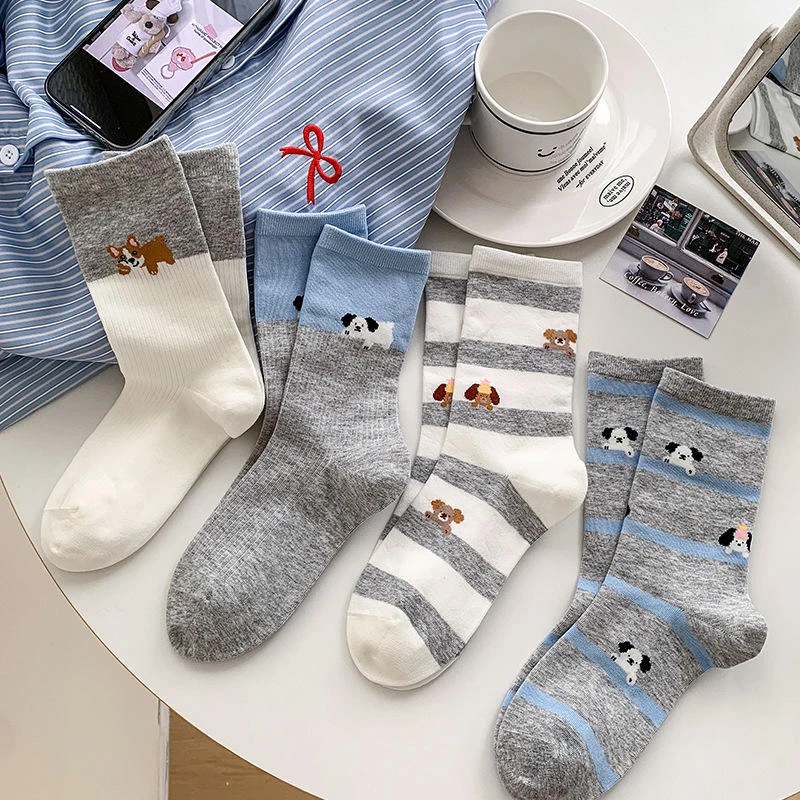 韩国袜子女2025新款卡通小狗中筒袜拼色条纹灰色袜子可爱无骨女袜