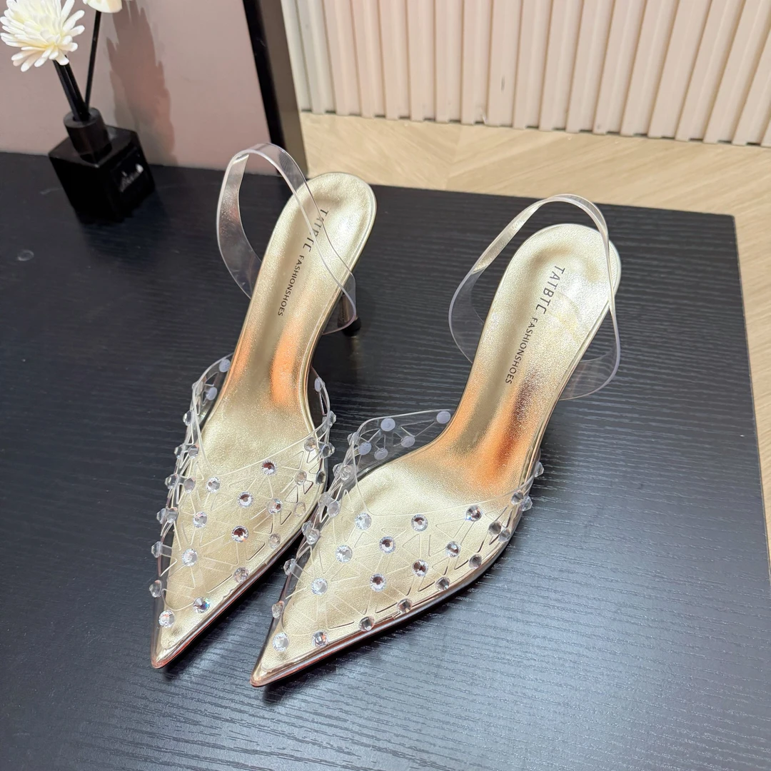 【8公分】尖头气质透明水钻性感百搭时尚镂空2025夏季细高跟凉鞋女