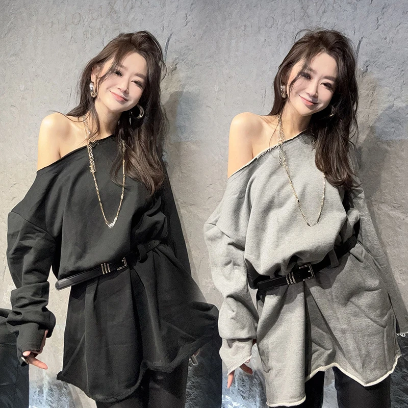欧洲站露肩减龄洋气卫衣女2025春季新款慵懒风宽松腰带设计感上衣