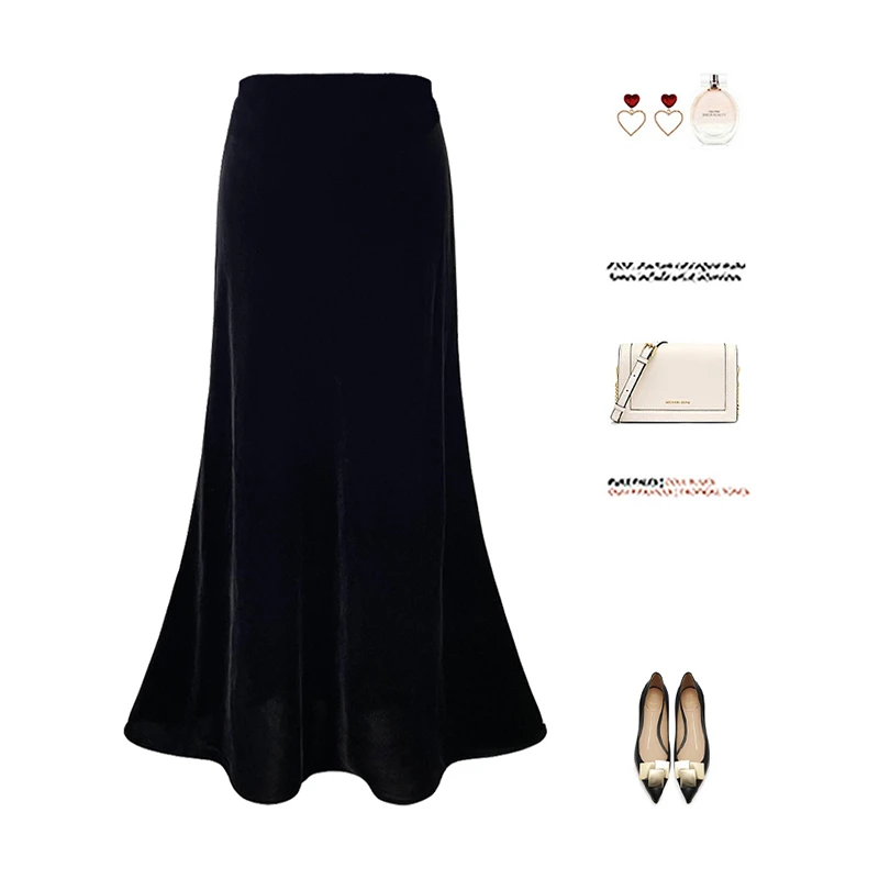 金丝绒高腰鱼尾裙半身裙女秋冬新款缎面黑色春装半裙醋酸长裙夏