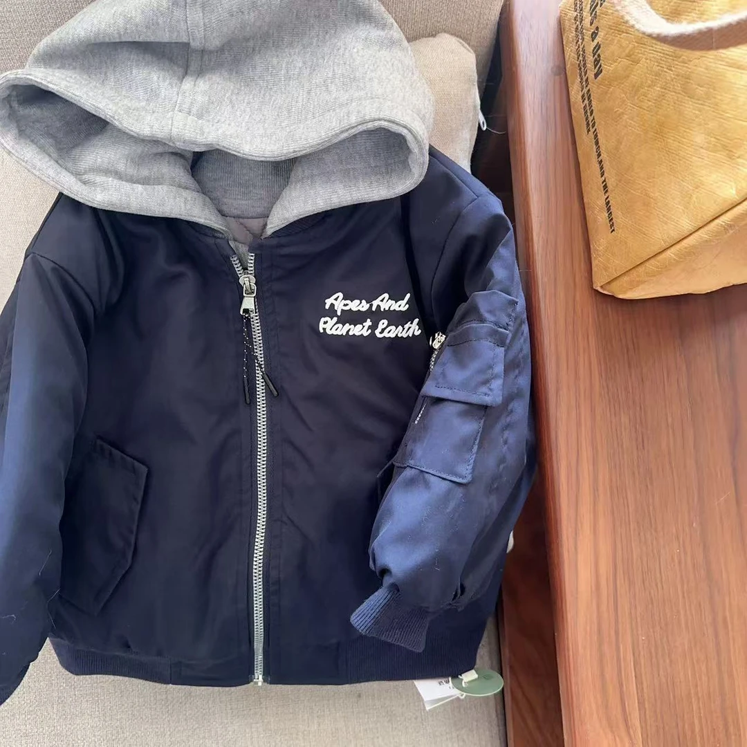 JMJQ深秋冬儿童韩版撞色连帽假两件棒球服运动休闲绗棉外套25712