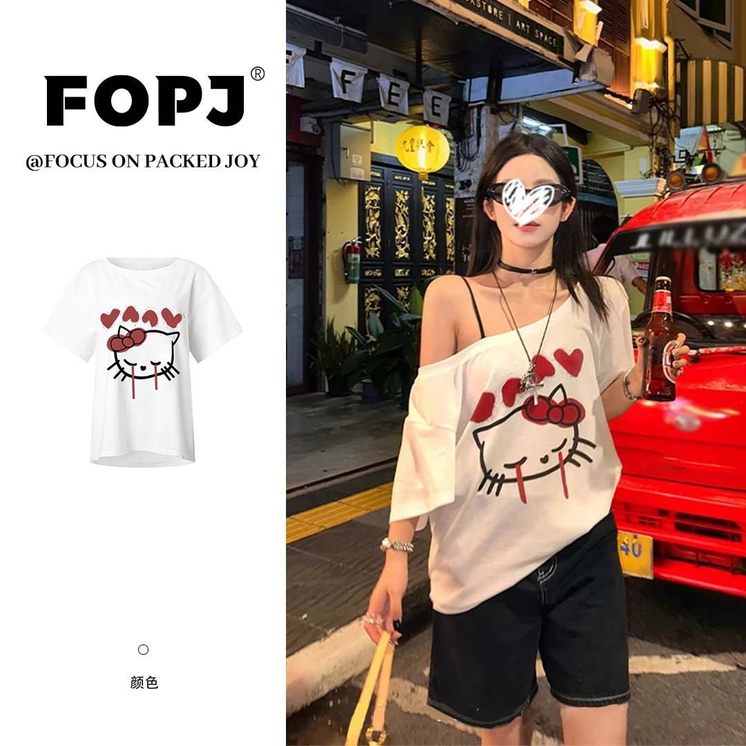 FOPJ美式复古夏季一字肩短袖t恤女小众设计kitty印花宽松显瘦上衣