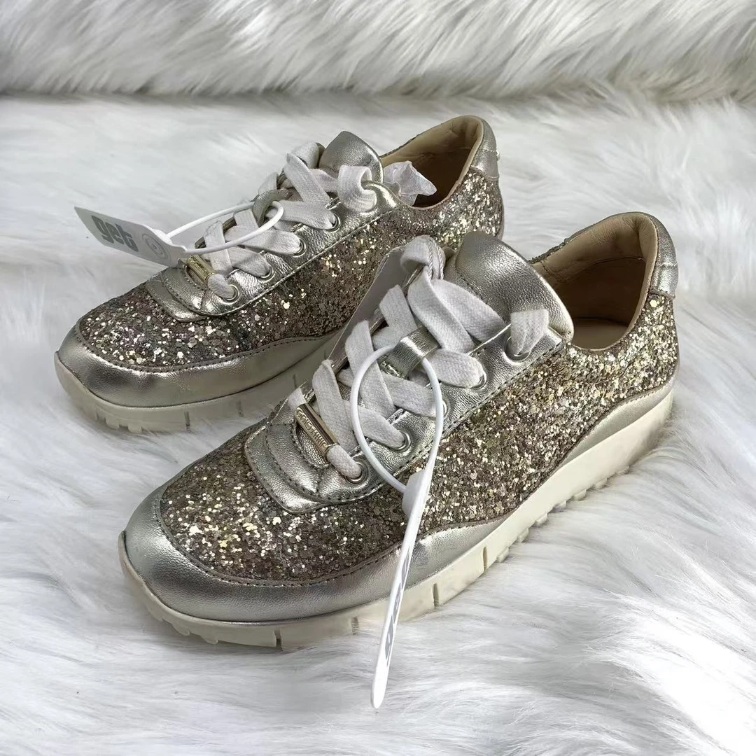 95新 JIMMY CHOO/吉米周 35码/无配件/金色亮片厚底时尚运动鞋144