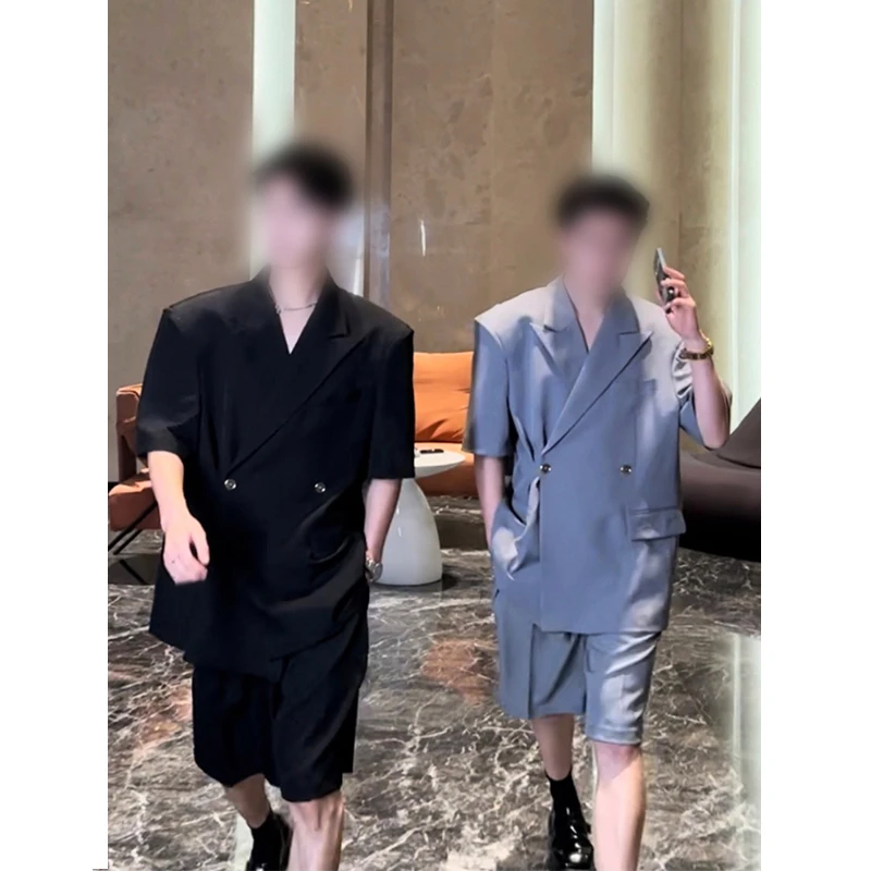 龙叨叨夏季新款 潮流设计阔版半袖短裤百搭休闲轻薄西服西裤