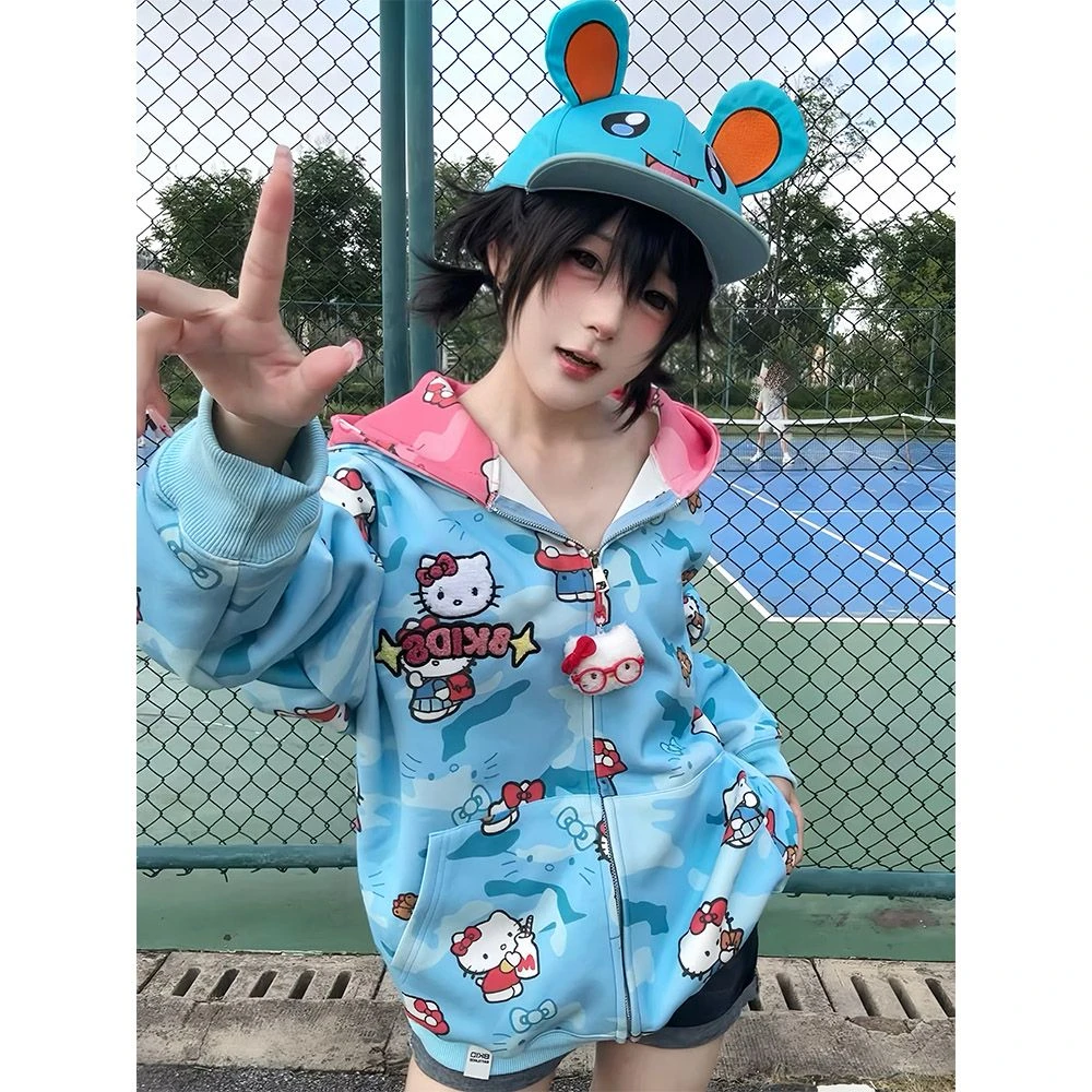 设计感撞色国潮宽松双帽卫衣女凯蒂猫满印迷彩连帽拉链外套#WY37