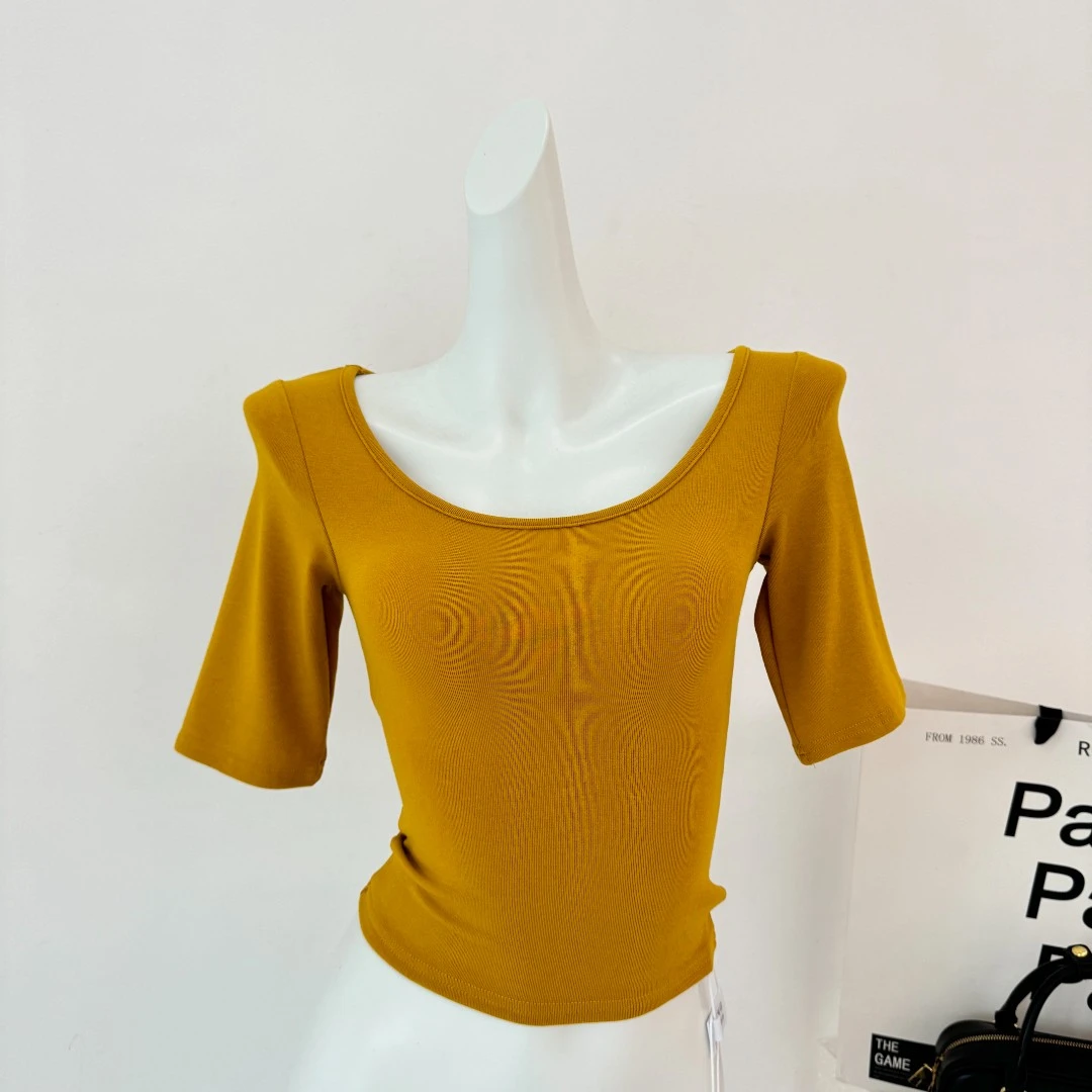 单品王 气质上衣2025夏穿搭新款t恤女正肩修身独特漂亮掐腰五分袖