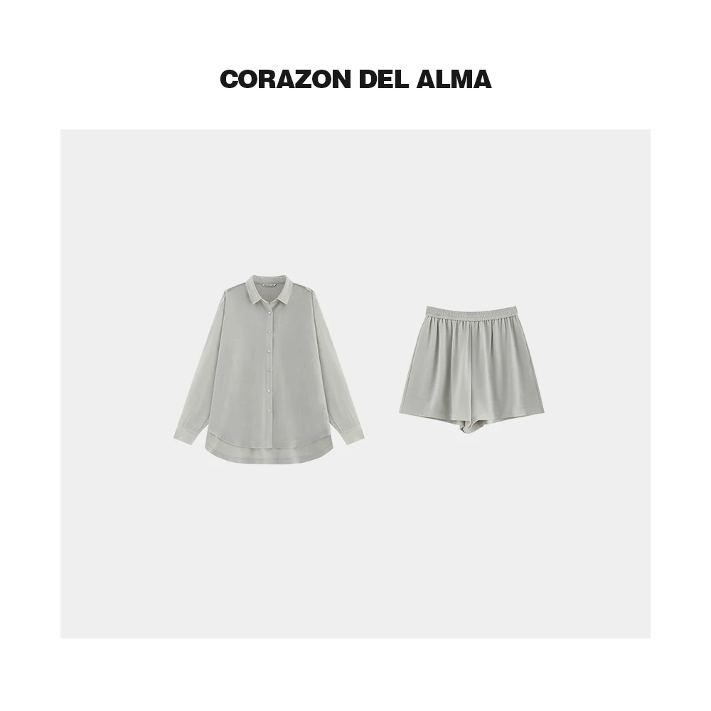 【瓦松两件套】骨感抗皱易打理凉爽灰调格纹衬衫短裤套装-S192NJ