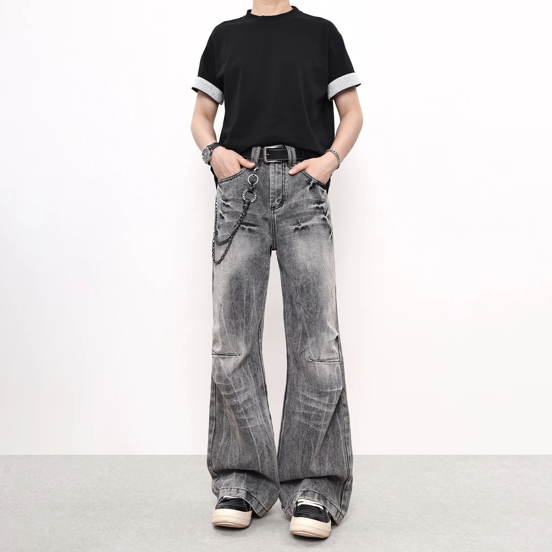 MKSN复古做旧褶皱闪电纹重工洗水牛仔裤男高街潮牌宽松阔腿长裤子