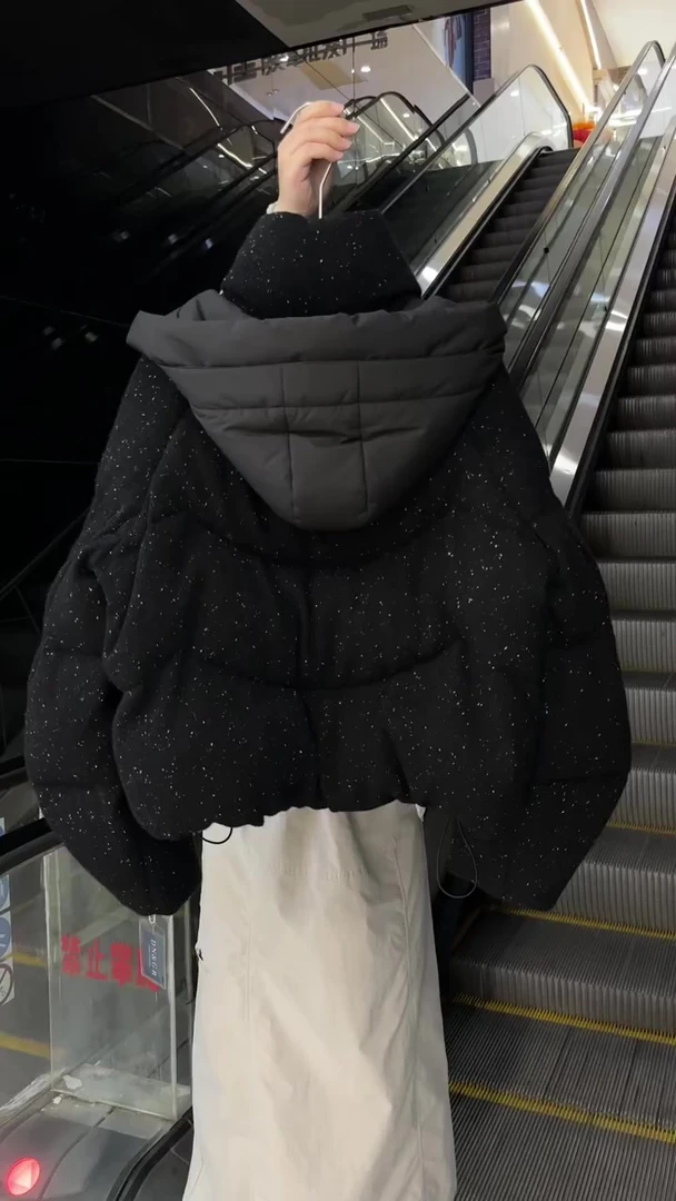 黑色星空闪闪连帽设计感小众面包服韩系ins甜酷小个子棉服外套冬