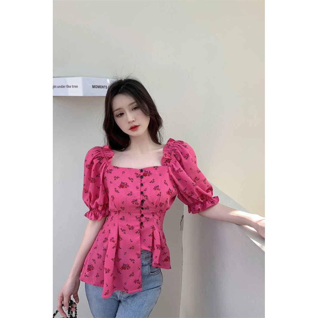 法式气质设计感小众别致上衣夏季方领泡泡袖碎花收腰短款衬衫女士