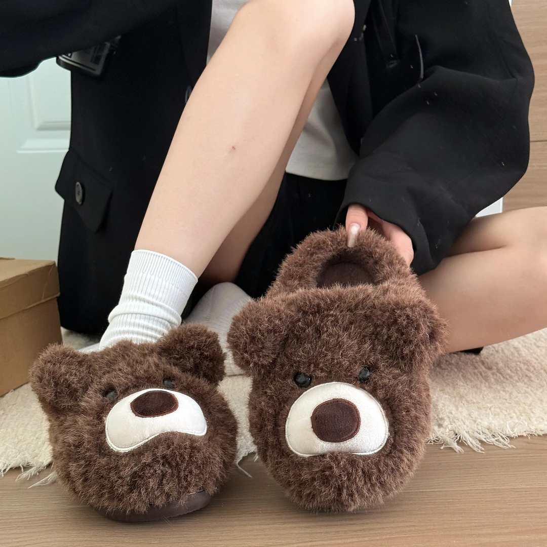 呆萌小熊舒适毛茸茸居家防滑棉拖2025秋冬新款外穿厚底包头拖鞋女