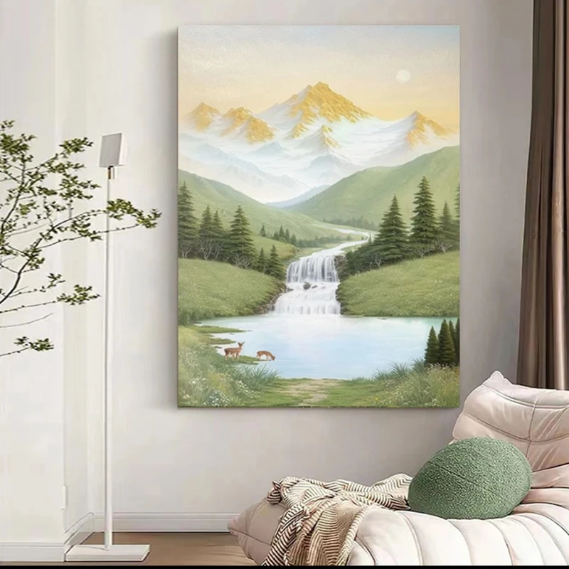 玄关油画手绘山水风景走廊过道装饰画北欧风高级感客厅挂画聚宝盆